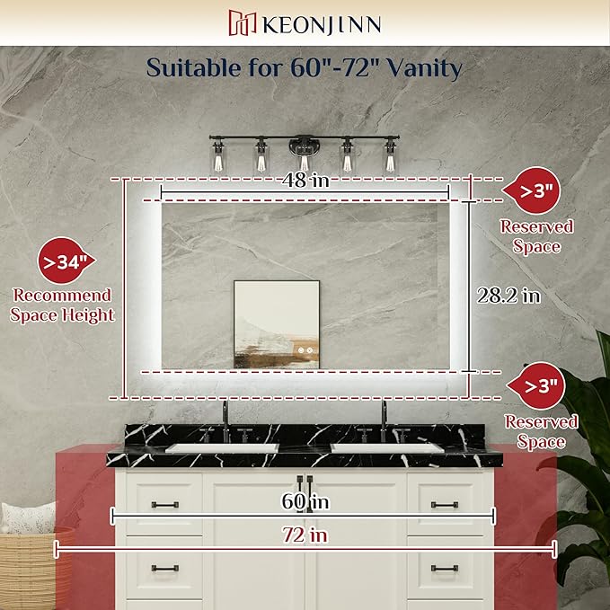 Keonjinn 48 x 28 Inch LED Bathroom Mirror with Backlit, Anti-Fog, CRI90+ HD Dimmable Vanity Mirror, High Lumen, Horizontal/Vertical Wall Mount, UL Listed Lighted Vanity Mirror, Waterproof