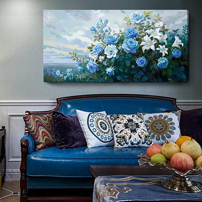 Nicetop Large Floral Canvas Wall Art - Modern Botanical Artwork Abstract Blue Rose White Lily Flower Bouquet Art Prints on Wrapped Canvas Nature Picture for Living Room Bedroom Home Decor 48x24 Inch