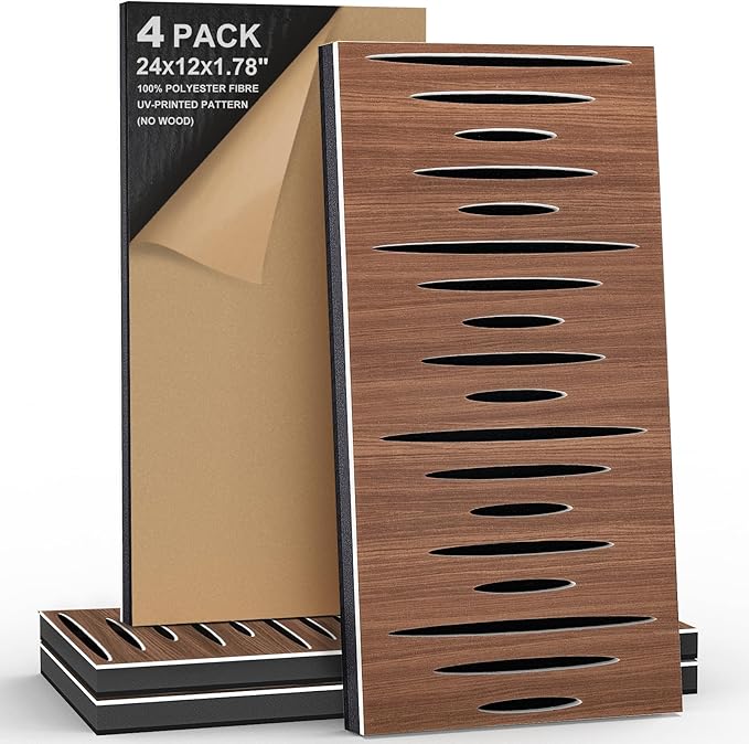 4Pack Acoustic Wall Panel Self-Adhesive Soundproof Foam Panels for Wall, 3D Perforated Tri-Layer Polyester Fiber Decorative Acoustic Insulation for Recording Studio, 24×12×1.78", Elliptical-Line