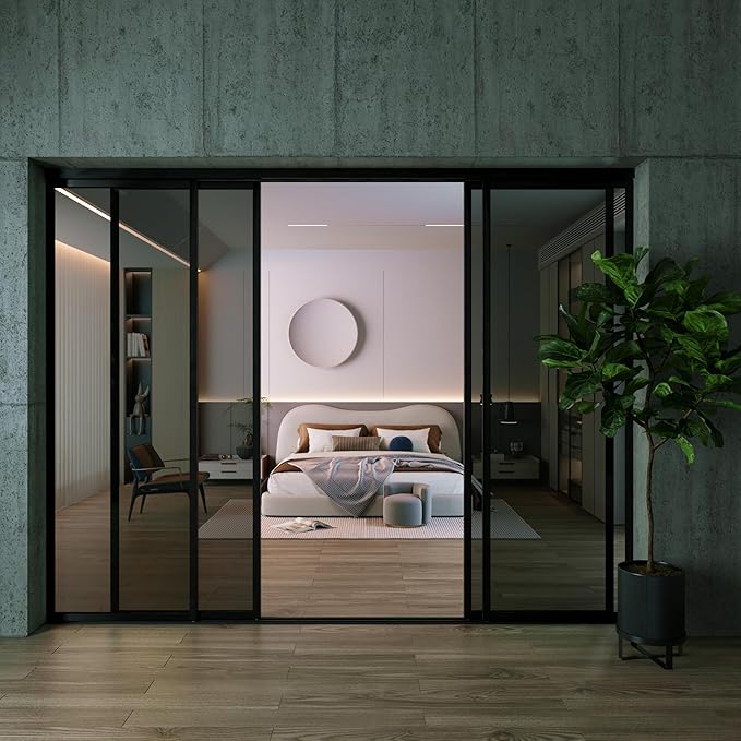 4 Panel Glass Room Divider and Sliding Glass Closet Doors - Smoked Frosted Partition Wall - Clear, Smoked and Frosted Glass Sliding Doors Options (Lite Smoked Glass, 120x80)