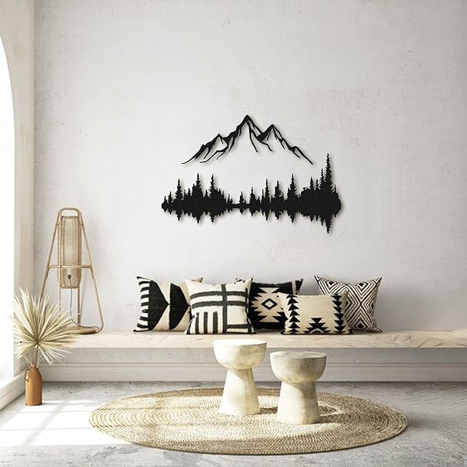 Metal Wall Art - Mountain & Forest Metal Wall Decor - Large Wall Sculpture for Rustic Home Living Room Bedroom Indoor/Outdoor (Black, 23.6'' x 15.7'' / 60 x 40 cm)