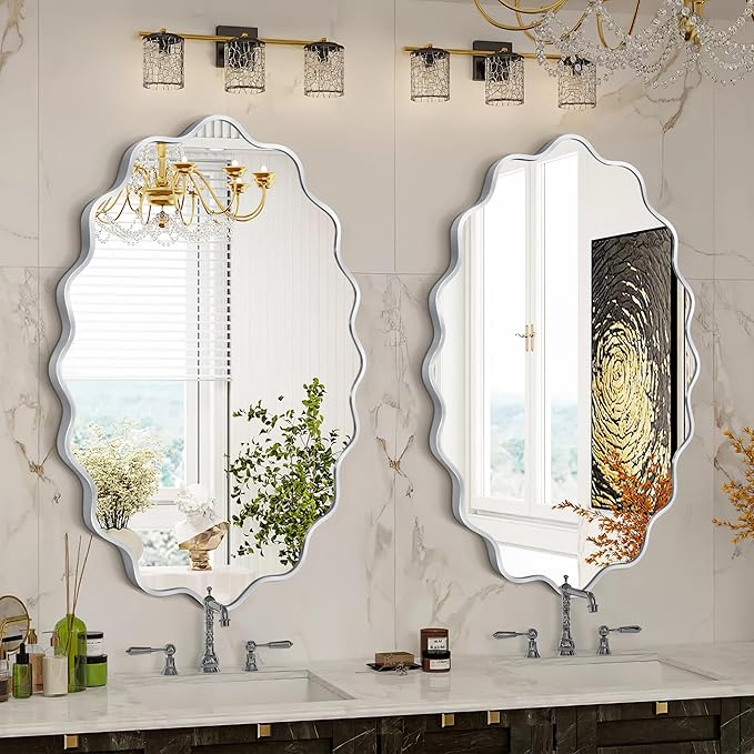 Oval Wavy Mirror - Irregular Wall Mirror 22"x30" Black Asymmetrical Aviation Aluminum Alloy Frame for Bathroom, Bedroom, Living Room, Cloakroom, Entryway