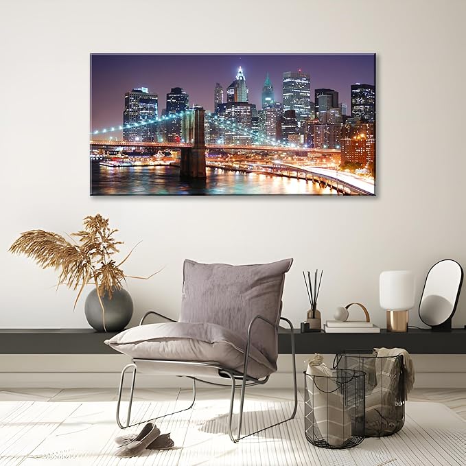 NAN Wind 1PCS New York City Skyline Canvas Wall Art Brooklyn Bridge at Sunset Golden Hour Manhattan Cityscape Pictures Canvas Artwork East River Reflection Modern Urban Home Decor Living Room Office
