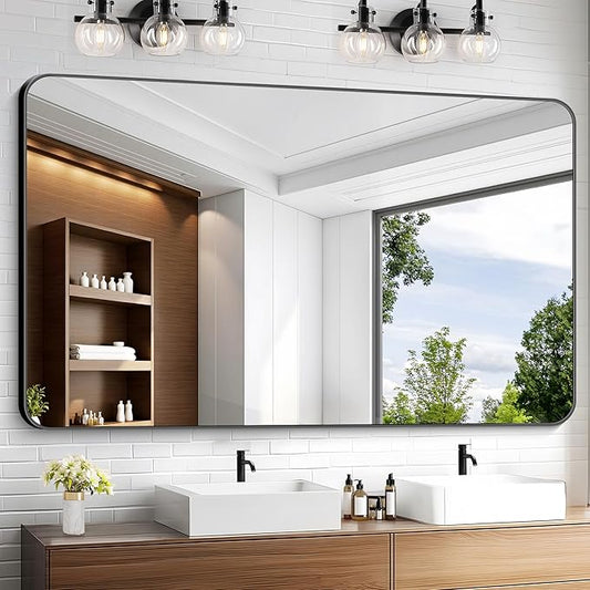 KOCUUY Black Bathroom Mirror 60"x36", Large Vanity Mirror with Rounded Corner, Metal Black Frame with Mordern Design for Bathroom, Living Room, Entryway, Hang Horizontal/Vertical