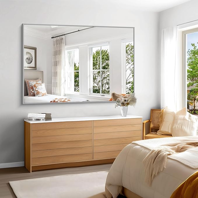 KOCUUY Silver Bathroom Mirror, 60"x40" Large Rectangle Bathroom Mirror for Wall, HD Tempered Glass, Anti-Rust Brushed Silver Frame, Modern Design for Bathroom, Bedroom, Hang Horizontal/Vertical