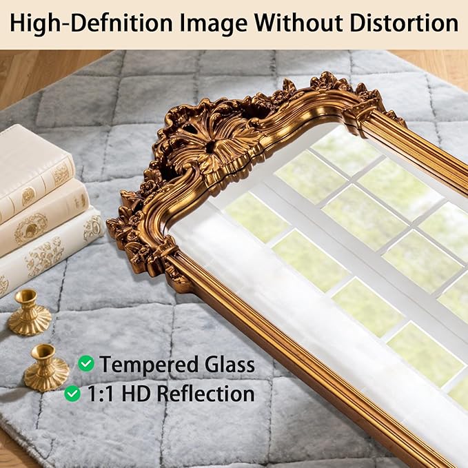 Large Gold Vintage Mirror, 66"x28" Arch Full Length Mirror with Ornate Lightweight PU Frame, Traditional Carved Top Decorative Mirrors for Living Room Dining Room Bedroom Entryway