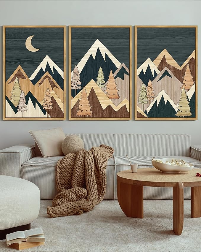 KUVIOKE Morden Mountains Framed Wall Art Boho Pine Tree Forest Nature Landscape Artwork Bohemain Farmhouse Rustic Home Decor 24x36in (Natural Framed)