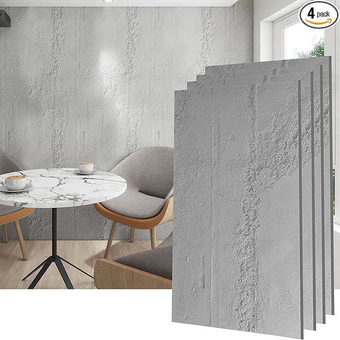 KASARO PU 3D Wall Panels Cement Texture, 4 Pieces Wainscoting Panel Accent for Interior Wall Decor, Waterproof Wall Covering, 47.24 × 23.62 inch