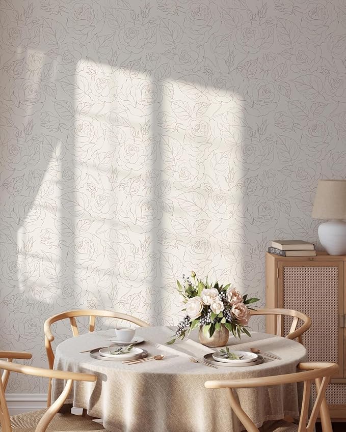Boho Roses Wallpaper | Removable Self Adhesive Minimalistic Wallpaper | Floral Peel and Stick Wallpaper (1 roll 24" W x 132" H)