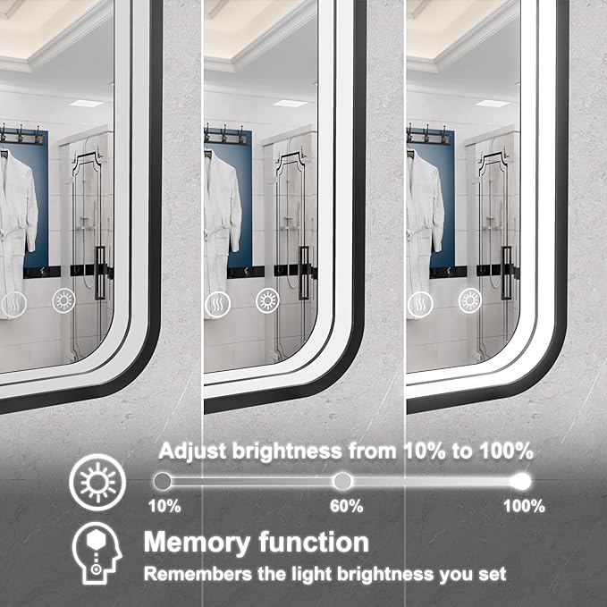 28x36 Inch Black LED Bathroom Mirror - 3 Color Lights (3000K/4500K/6000K), Wall Mounted Lighted Vanity Mirror for Bathroom, Stepless Dimmable, Anti-Fog, Memory Function, Horizontal/Vertical