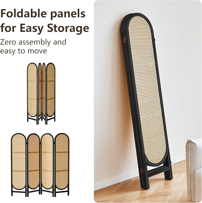 4 Panels Room Dividers and Hand-Woven Rattan Room Divider Wall, Wood Room Divider Folding Privacy Screens for Home Office Bedroom, Black