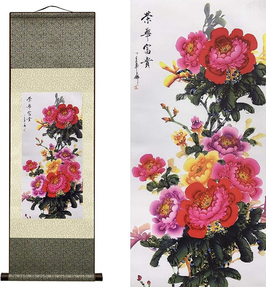 AtfArt Asian Wall Decor Beautiful Silk Scroll Painting Flower - Prosperity - Enjoy Honor and Distinction Oriental Decor Chinese Art Wall Scroll Wall Hanging Painting Scroll (39 x 12 in)