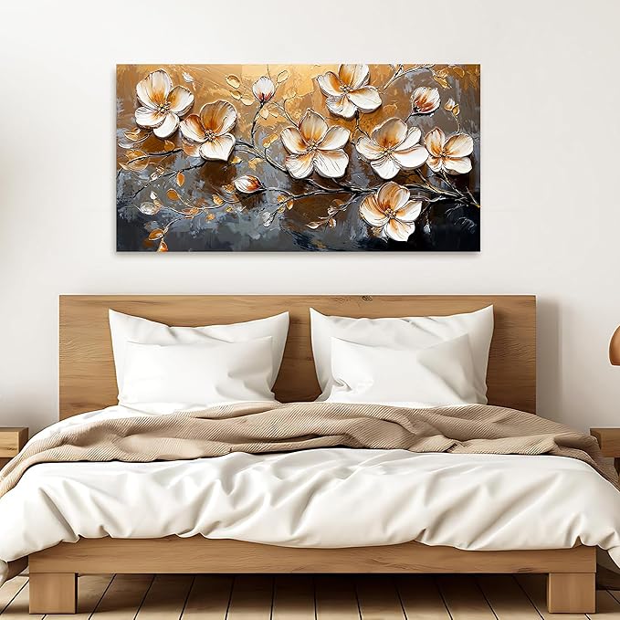 Canvas Wall Art Decor Wall Art Pictures for Living Room Vintage Floral Wall Art Decor White Gold Wall Art Prints Large Artwork for Walls Canvas Art Wall Decor for Bedroom Office Wall Decor 20" X 40"