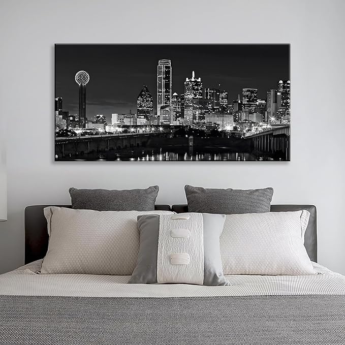 NAN Wind 1 Pcs Dallas Skyline Canvas Wall Art Black White Cityscape Night Scene Modern City Giclee Prints on Canvas Framed Urban Home Decor Skyscrapers Picture Painting for Room Decor