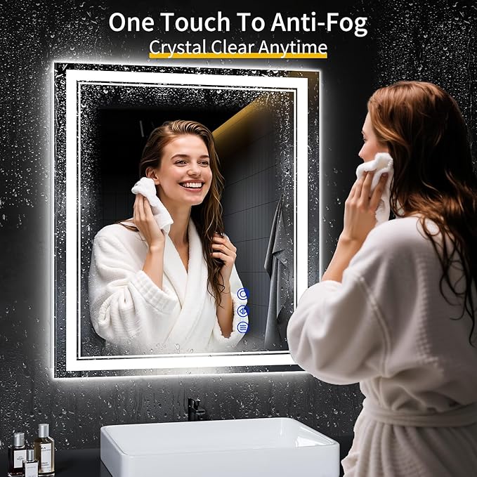 32"x28" LED Bathroom Mirror with Anti-Fog, Stepless Dimmable Lights, 3 Color Modes, Shatter-Proof Tempered Glass, Memory Function & Waterproof Design