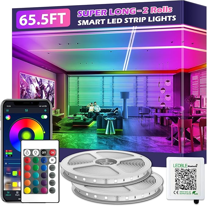 65.5FT Led Strip Lights,Long Smart Led Light Strips Music Sync 5050 RGB Color Changing Rope Lights,Bluetooth APP/IR Remote/Switch Box Control Led Lights for Bedroom,Home Decoration,Party,Festival