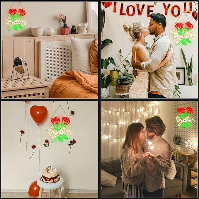 Looklight Together Neon Sign Wedding Neon Signs for Wall Decor Flower Light Happy Anniversary Sign Rose Wall Decor Led Lights for Anniversary Celebration Wedding Party Bedroom Home Decorations Gifts