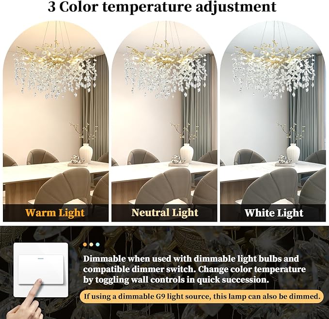 Modern Gold Crystal Chandeliers 31.5" Luxury K9 Crystal Large Chandelier for Living Room Mid Century Tree Branch Chandelier Ceiling Pendant Lighting Fixture for Bedroom Kitchen Staircase