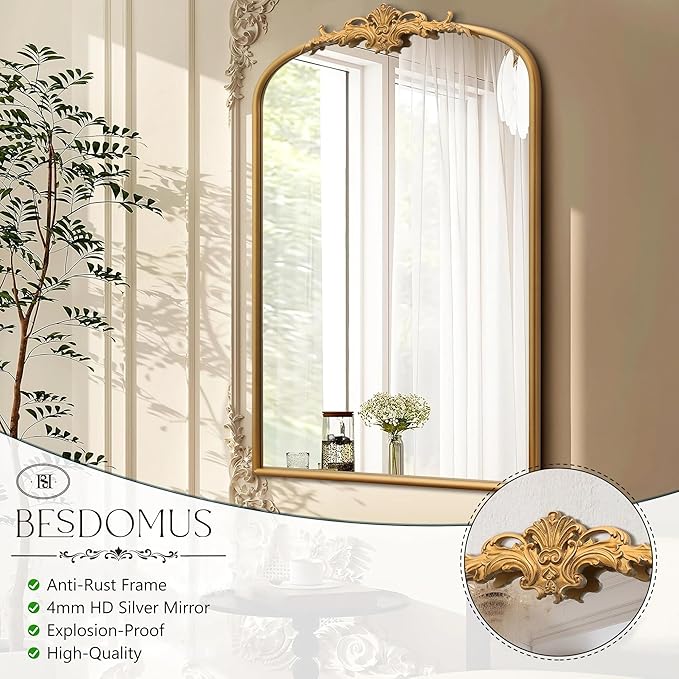 Antique Baroque Arched Mirror: 24"x36" Arch Gleaming Gold Vintage Wall Mounted Mirror - Traditional Ornate Home Decor for Entryway/Fireplace/Bathroom - Idea for Homemakers