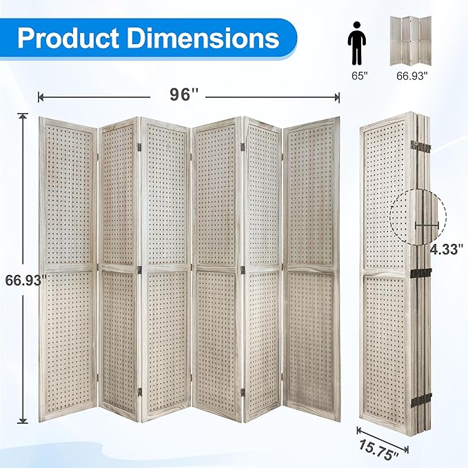 2 PCS Room Dividers 6 Panel Pegboard Display 5.6FT Wood PegBoard Room Divider,Folding Privacy Screens Portable Freestanding Partition Wall Divider for Art Shows & Room Separation, Natural Wood