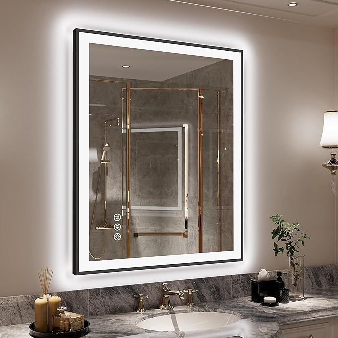 LED Bathroom Mirror 36x30 with Backlit and Front Lighted, Framed Dimmable Illuminated Mirror for Wall Anti-Fog Shatterproof (Horizontal/Vertical)