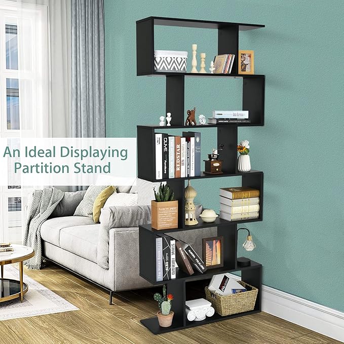 6 Tier Geometric Bookcase, S Shaped Bookshelf, Book Shelf Room Divider, Wood Freestanding Display Shelves, 75 Inch Staggered Bookshelf for Bedroom Living Room (1, Black)