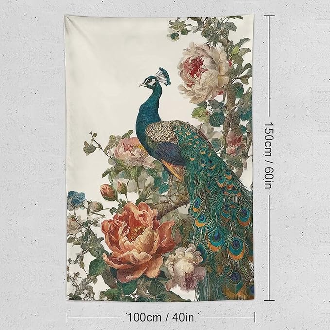 UUKXKUU Peacock Oriental Retro Blooming Flowers Tree Tapestry Flag Backdrop Wall Hanging Large Wall Art Decor for Dorm Office Bedroom Living Room 40"×60"
