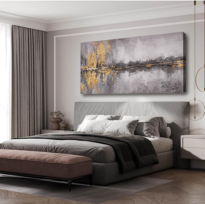 Abstract Wall Art Framed Canvas Wall Decor Gold Grey Pictures Vintage Prints Artwork for Living Room Dinning Room 29"x58"