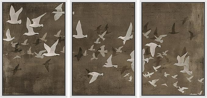 MUDECOR Framed Wall Art Print Set Flock of Abstract Birds in Flight Earthy Tones Illustrations Modern Art Boho Decorative Colorful Chic for Living Room, Bedroom, Office - 24"x36"x3 White