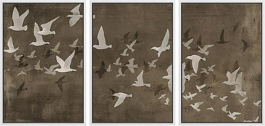 MUDECOR Framed Wall Art Print Set Flock of Abstract Birds in Flight Earthy Tones Illustrations Modern Art Boho Decorative Colorful Chic for Living Room, Bedroom, Office - 24"x36"x3 White