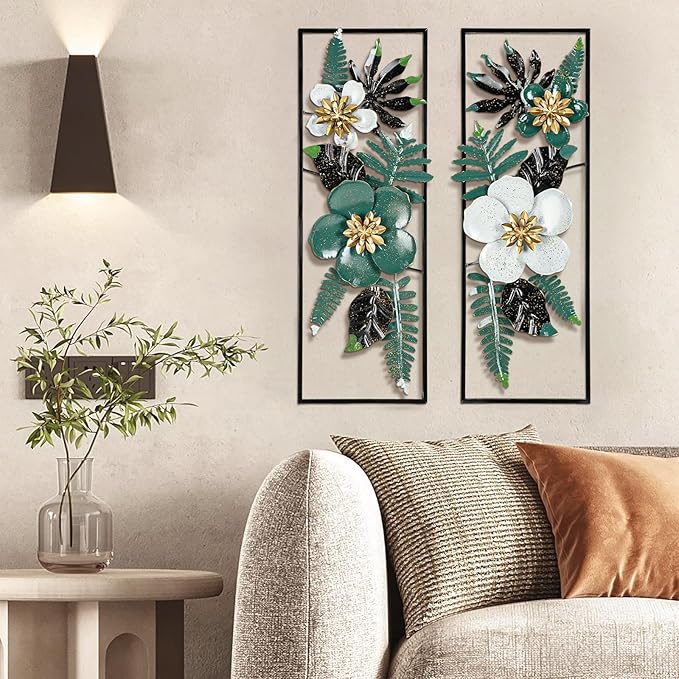 Metal 3D Wall Art Decor 2 Pcs 34" x 15" Wall Decor Handmade Green Leaf Flower Hanging Home Decor with Frame Wall Sculptures Modern for Living Room, Bedroom, Dining Room, Office and Hotel Large