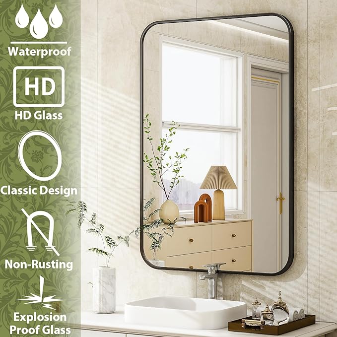 24 x 36 Inch Bathroom Mirror, Rounded Rectangular Vanity Mirror for Wall, Modern Mirror for Room Decor, Black Framed Wall-Mounted Mirrors for Home Decor, Hangs Horizontally or Vertically