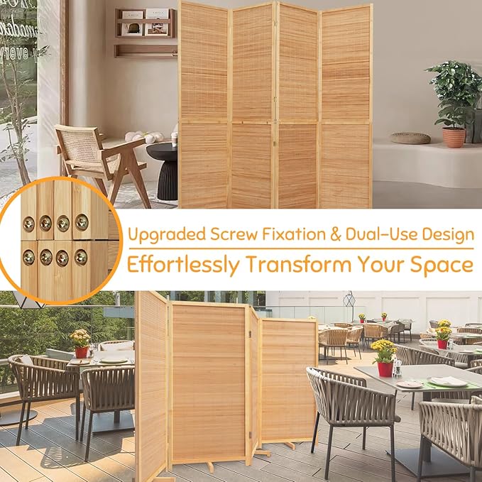 Bamboo Room Divider Folding Privacy Screens, Wall Divider for Room Separation, Portable Room Partitions and Dividers, 5.6FT Bamboo Mesh Woven Room Divider Panel (Brown, 4 Panel)
