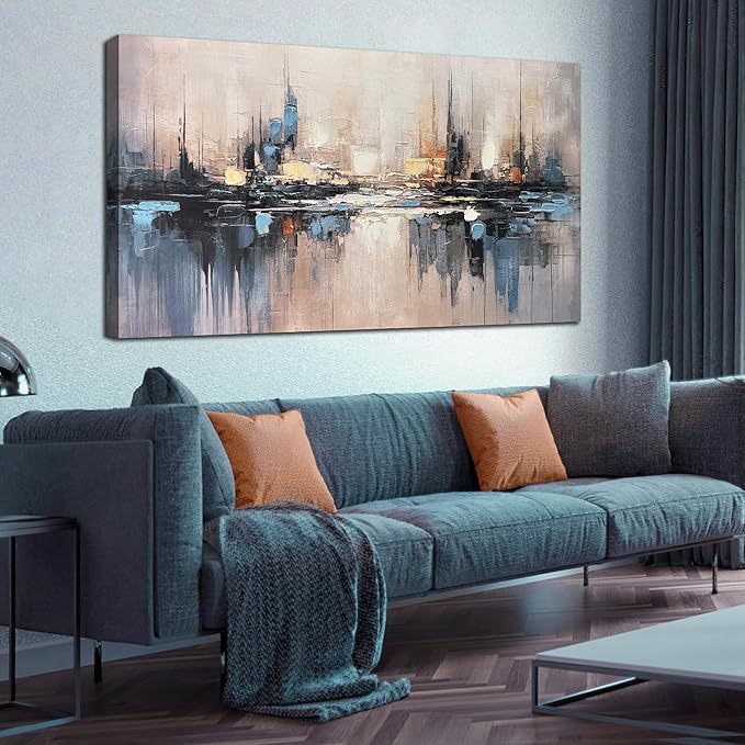 Large Abstract Canvas Wall Art for Living Room Blue Pictures Wall Decor for Bedroom Vintage City Home Office Decor 29 x 58 inches