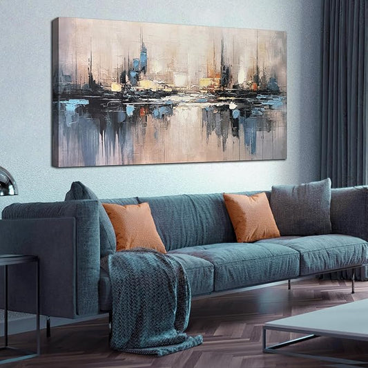 Large Abstract Canvas Wall Art for Living Room Blue Pictures Wall Decor for Bedroom Vintage City Home Office Decor 29 x 58 inches