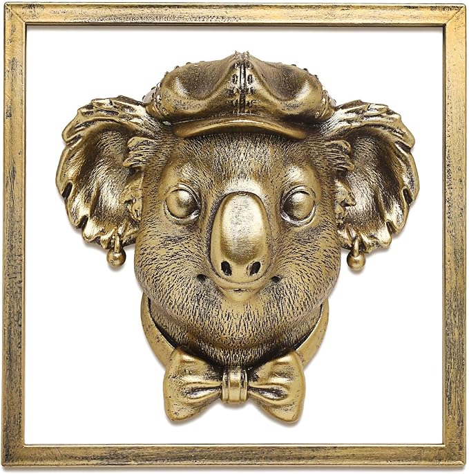 Animal Heads Wall Decor (Includes Metal Frame) Resin Animals Sculptures Head Wall Hanging Decoration Gold vintage Wall Sculpture for Living Room Bedroom Office(Koala)