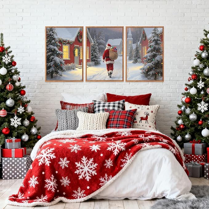 Aurlan Santa Claus is Coming to Town Framed Wall Art(12"x16"), 3PCS Vintage Christmas Winter Holiday Canvas Artwork, Large Xmas Snow Forest Cabin Cottagecore Decor for Home Office Bedroom