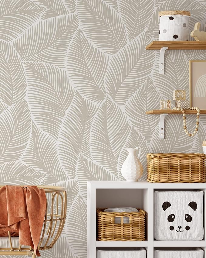 Minimalistic Leaves Wallpaper | Removable Self Adhesive Floral Wallpaper | Scandinavian Peel and Stick Wallpaper (1 roll 24" W x 72" H)