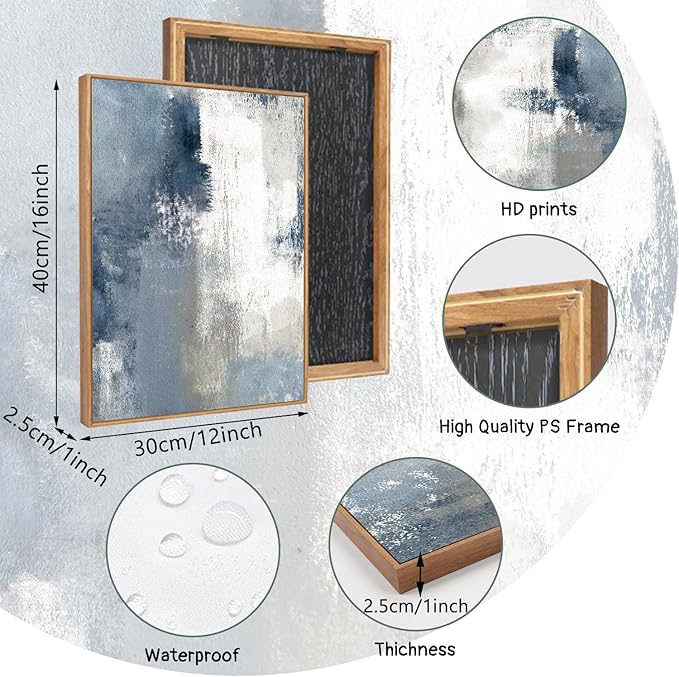 LHIUEM Large Navy Blue and Gray Framed Canvas Wall Art Set of 3(12”X16”) Modern Abstract Wall Decor Brush Strokes Block Shape Artwork Minimalist Neutral Blue Printing for Living Room Bedroom Office