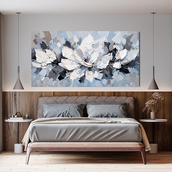 Abstract Canvas Wall Art Decor Large White Wall Art for Living Room Abstract Canvas Art Wall Decor Flower Pictures Oversized Blue Wall Art Prints Artwork for Walls Bedroom Office Decor 29" X58"
