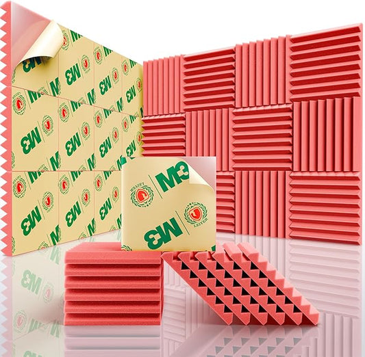 Acoustic Panels Upgrade Self-Adhesive 12pack,1" X 12" X 12" Sound Proof Foam Panels for walls Quick-Recovery,Sound Panels 35kg/m³High Density,Soundproof Wall Panels for wall Decor,Red