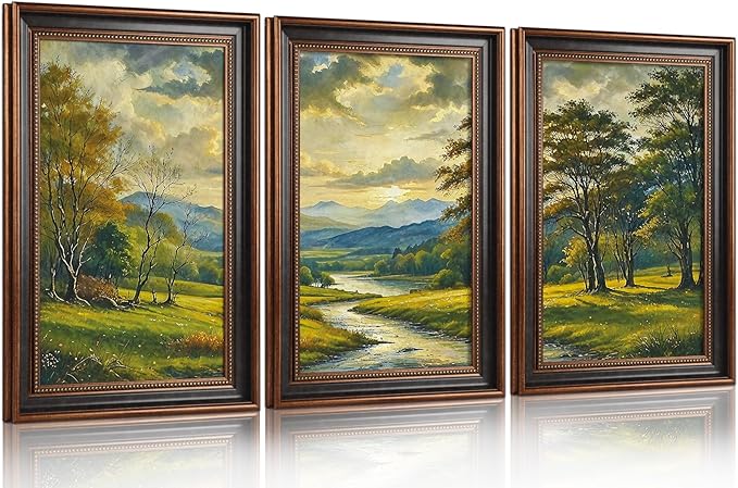 Large Watercolor Mountain Forest Framed Canvas Wall Art,Vintage River Grassland Wall Decor,Green Wilderness Field Artwork,Boho Botanical Art Print for Living Room,Bedroom,Office- 16"x24"x3