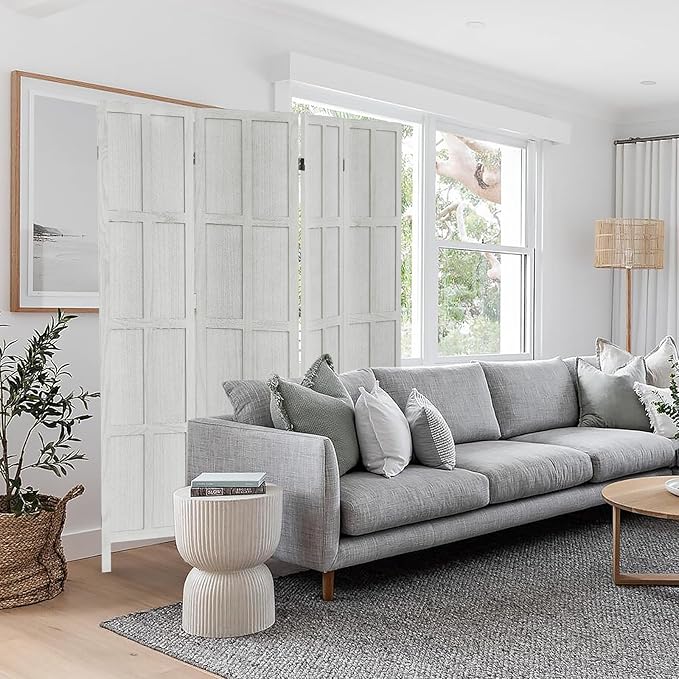 4 Panel Room Divider, 5.6Ft Wood Room Dividers and Folding Privacy Screens, Room Divider Wall Freestanding Room Partitions, Room Dividers Screen for Home Office Restaurant Bedroom, White