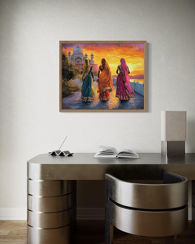 India Art Print Poster, Asia Oriental Countries Culture Wall Art Asian Paintings for Bedroom Bathroom Living Room Decor 97 (India, 24 x 36 inches, Wood Frame)