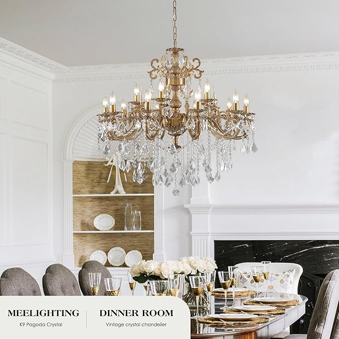 Antique Bronze Crystal Chandeliers, Luxury Gold Candle Pendant Ceiling Light Fixture, 15 Lights Golden Crystal Chandelier for Dining Room, Living Room, Bedroom, Kitchen Island, Hallway