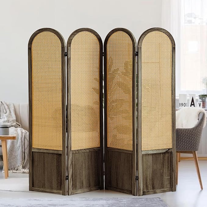 4 Panel Room Dividers and Folding Privacy Screens, Hand-Made Rattan Room Divider with Bi-Directional Hinge, Pre-Assembled Wood Room Divider Wall for Home Office Bedroom, Dark Brown