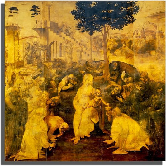 Adoration Of The Magi By Leonardo Da Vinci Canvas Wall Art - Renaissance Print - World Famous Paintings Collection - Cool Home Decor for Kitchen Bedroom Living Room - Unframed