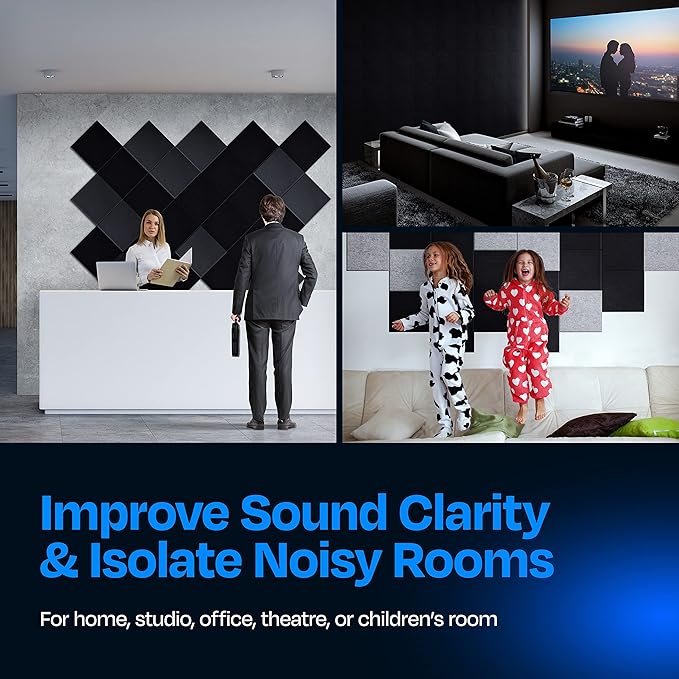 Acoustic Panels 12-Pack Soundproof Wall Panels 12"X12"X0.4" Sound Panels High Density Sound Dampening Panels - [Deep Black Square]