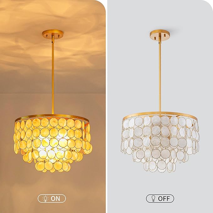 4-Lights Capiz Shell Chandelier, Coastal Design Pendant Light Fixture, for Kitchen, Dining Room, Bedroom, Gold Finish, D16.5 * H20~50 Inch Adjustable Height