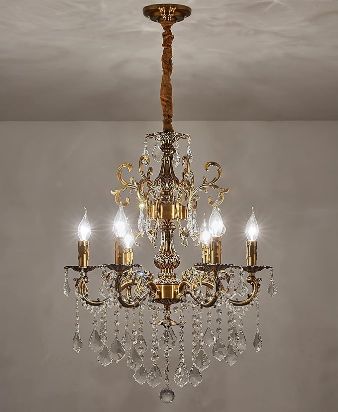 6 Light Classic Traditional Candle-Style Crystal Chandeliers for Dining Room Living Room Bedroom entryway Antique Gold Finish